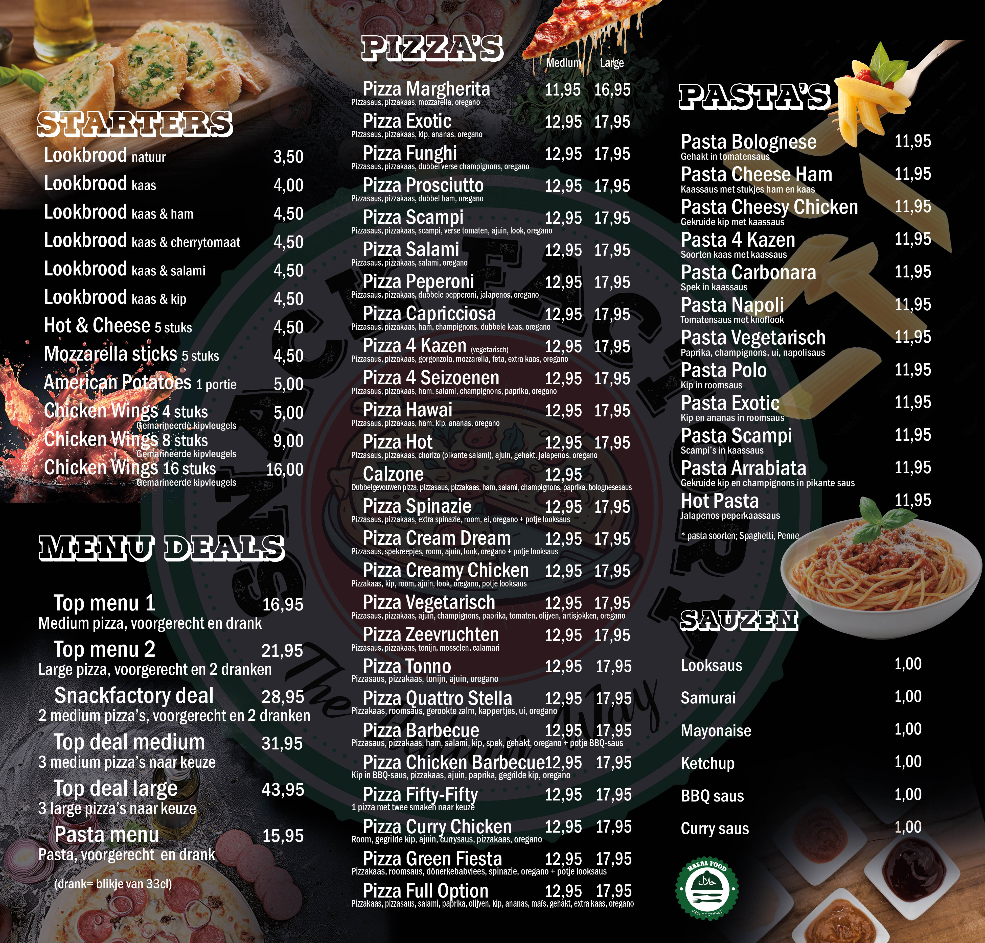 Snack Factory menu binnenkant